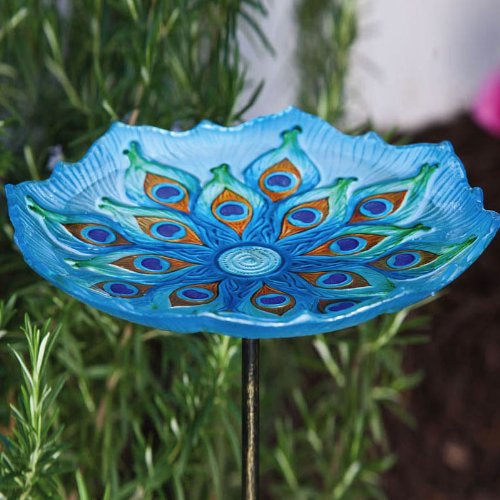 Stunning and Intricate Peacock Inspired Gl Bird Bath Bowl with Metal Stake  11 Long x 11" Wide x 26.75" High
