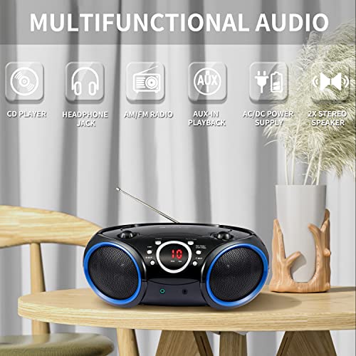 030C Portable CD Player Boombox with AM FM Stereo Radio, Aux Line in, Headphone Jack, Supported AC or Battery Powered (Black with a Touch of Blue Rims)