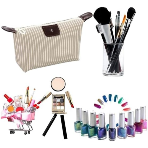 MODAIO-Waterproof Striped Dumpling Makeup Large Foldable Cosmetic Travel Bag (Khaki)