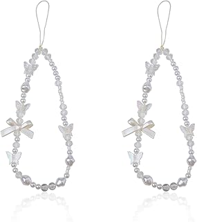 White Beaded Bow Phone Charm and Lanyard Set