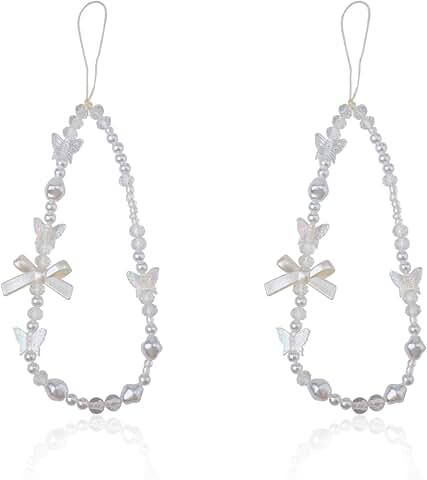 White Beaded Bow Phone Charm and Lanyard Set