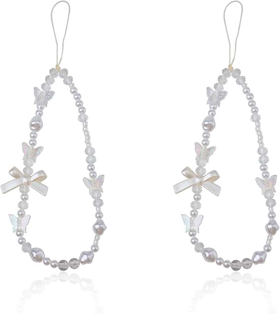 White Beaded Bow Phone Charm and Lanyard Set