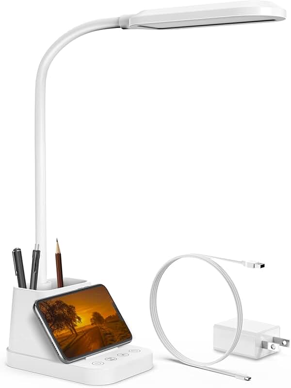 White LED Desk Lamp with USB, Gooseneck, and Accessories