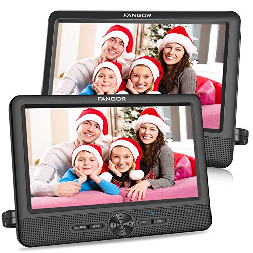 10 Dual Car DVD Player Portable Headrest CD Players with 2 Mounting Brackets, 5 Hours Rechargeable Battery, Last Memory, Free Regions, USB/SD Card Reader, AV Out&in ( 1 Player + 1 Screen )