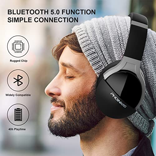 Bluetooth Over Ear Headphones, Wireless Portable Headphones with Built-in Noise Canceling Mic, Q7 40h Playtimes Stereo Headset for Phone/Laptop/PC/Tablet50mm Drive (Grey)