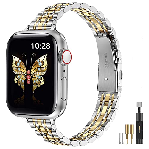 Slim Metal Band Compatible with Apple Watch Band 41mm 40mm 38,mm,Thin Stainless Steel Chain Strap for Women iWatch Bands Series 8 7 6 5 4 3 2 1 SE,Silver/Gold