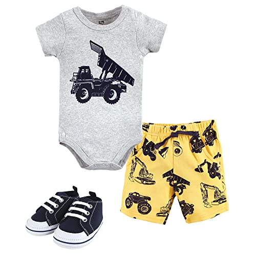 Unisex  Cotton Bodysuit, Shorts and Shoe Set Construction Trucks, 0-3 Months