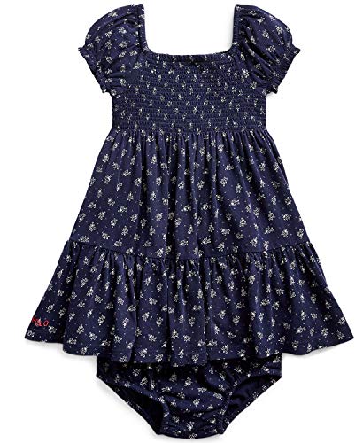 Baby Girls Smocked Floral Print Cotton Dress & Bloomer 2 Piece Set (Indigo Rose Multi(4001), 3 Months)