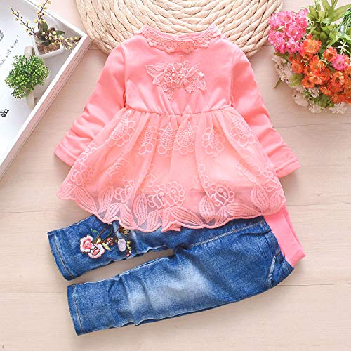 Baby&Little Girls Outfits 3pcs Sets Denim Jacket Long Sleeve Lace Skirt and Jeans(1-2Y,Pink)