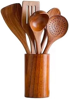 Medium Brown 5-Piece Teak Wood Kitchen Utensil Set