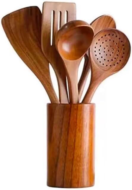 Medium Brown 5-Piece Teak Wood Kitchen Utensil Set