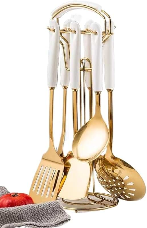 Seven-piece stainless steel kitchen utensil set with holder