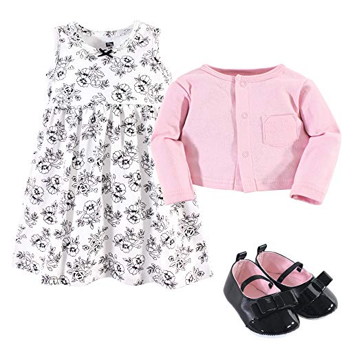 Girl Cotton Dress, Cardigan and Shoe Set, T e, 0-3 Months