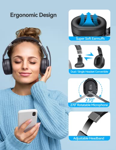 Bluetooth Headset, Wireless Bluetooth Trucker Headset with Microphone Noise Cancelling 3 EQ Music Modes, Single and Dual Ear Wireless Headphones for Truck Drivers, Office, Call Centre Work