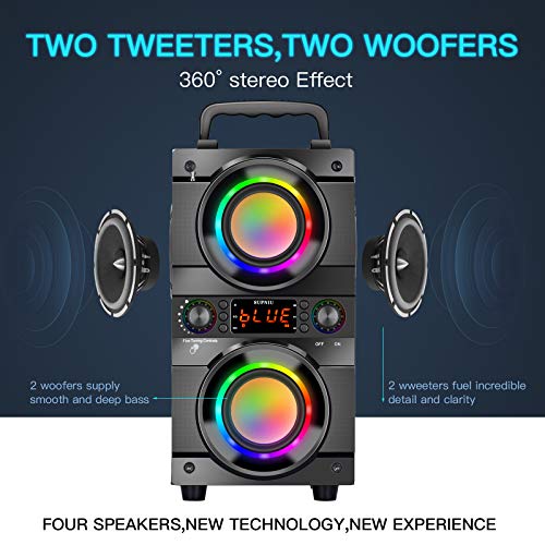 Bluetooth Speaker, 60W (80W Peak) Portable Wireless Speaker with LED Colorful Lights, Double Subwoofer Heavy Bass, FM Radio, Loud Speaker for Home Outdoor Party Camping
