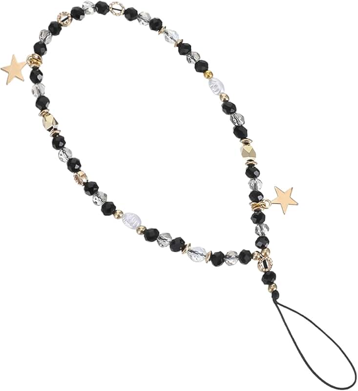 Black Beaded Phone Wrist Strap with Star Charm