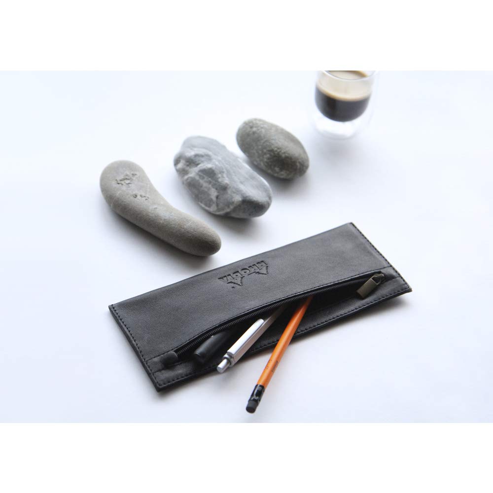 Flat Black Leather Pencil Case for Pens and Supplies