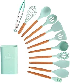11-Piece Green Silicone Kitchen Utensil Set with Wooden Handles
