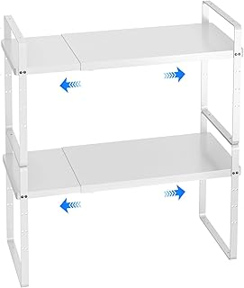 Expandable stackable cabinet shelf organizer, adjustable white rack, 2-pack
