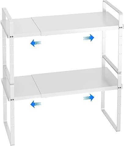 Expandable stackable cabinet shelf organizer, adjustable white rack, 2-pack