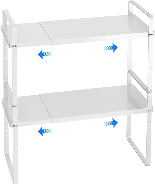 Expandable stackable cabinet shelf organizer, adjustable white rack, 2-pack
