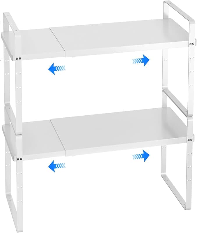 Expandable stackable cabinet shelf organizer, adjustable white rack, 2-pack