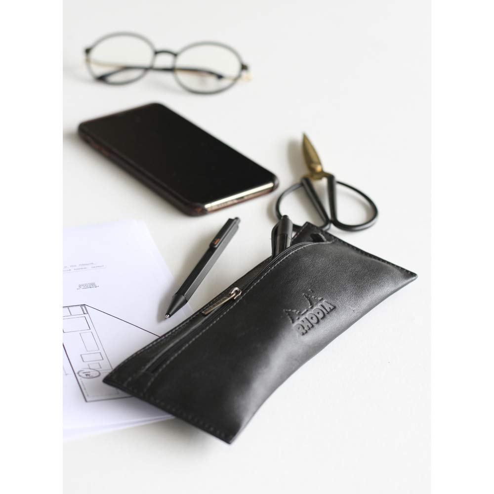 Flat Black Leather Pencil Case for Pens and Supplies