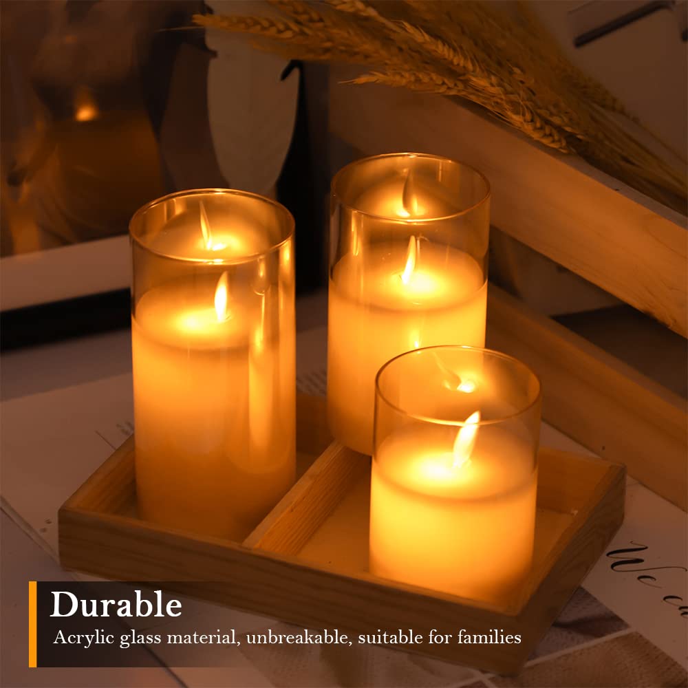Amber Flickering Flameless Candles Battery Operated with Remote and Timer, Gl Real Wax LED Pillar Candles with Moving Wicks for Fall  Pack of 3 D 3H 456)