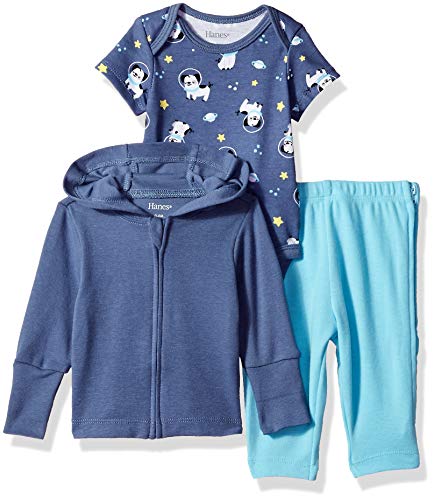 Ultimate Baby Zippin Pants and Knit Hoodie with Short Sleeve Bodysuit Set, Blue Space, 0-6 Months