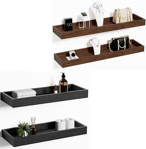 Set of four floating wall shelves in black and walnut-like finishes