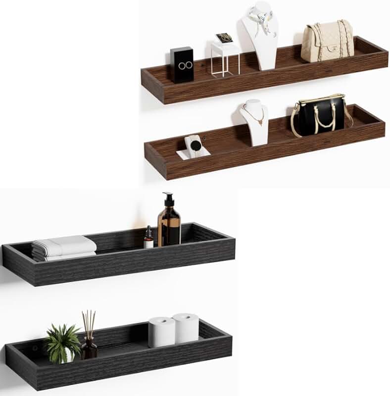 Set of four floating wall shelves in black and walnut-like finishes