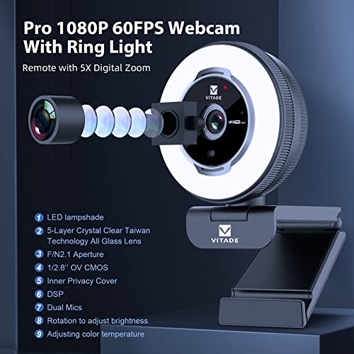Zoomable Webcam with Remote Control, 1080P 60FPS Streaming Webcam with Ring Light and Microphone, Pro USB Webcam with 5X Digital Zoom Built in Privacy Cover for Zoom/Skype Teams/PC/Laptop/Mac