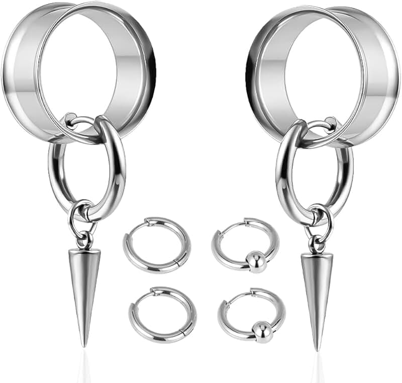 Set of 2 Stainless Steel Ear Gauges with Nose Rings and Accessories