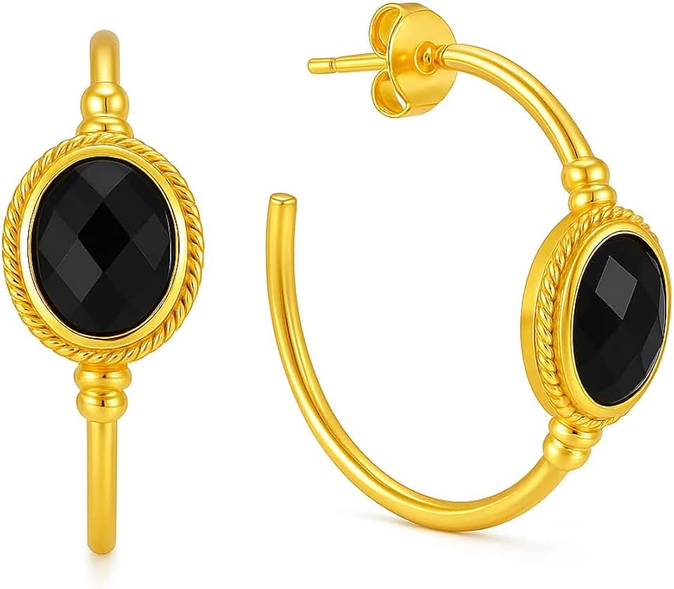 14k Gold Hoop Earrings with Oval Gemstones