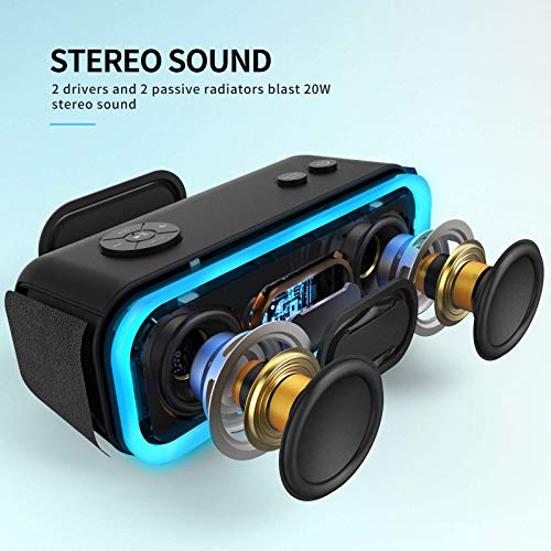 Bluetooth Speaker, SoundBox Pro Portable Wireless Speaker with 20W Stereo Sound, Active Extra Bass, IPX5 Waterproof, Wireless Stereo Pairing, Multi-Colors Lights, 20 Hrs Playtime -Black