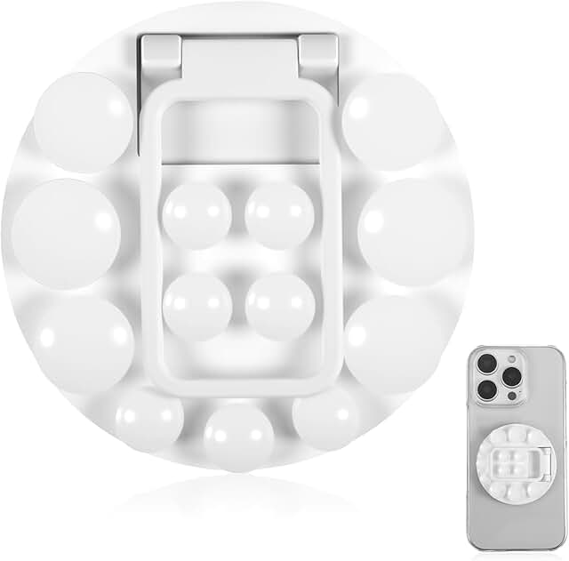 White silicone suction cup phone grip for selfies and videos