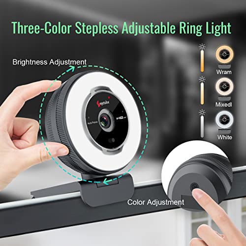 Streaming Webcam with Microphone: 1080P 60FPS USB Web Cam with Ring Light and Remote Control - HD Web Camera with 5X Digital Zoom Built in Privacy Cover,for PC|Computer|Laptop|Mac|Desktop