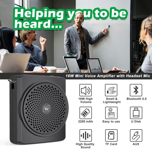 Mini Personal Voice Amplifier 16W Portable Rechargeable PA System Speaker with Wired Microphone Headset for Teachers Classroom Teaching Tour Guides Market Promotion Yoga Training
