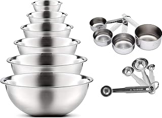 Set of 14 stainless steel mixing bowls with measuring cups and spoons