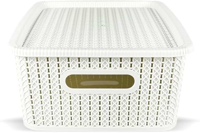 Six Rattan-Style Storage Baskets with Lids and Handles