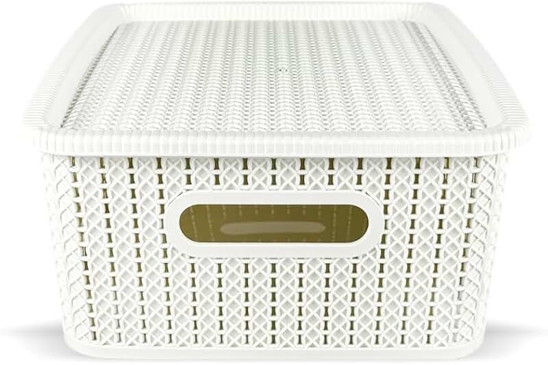 Six Rattan-Style Storage Baskets with Lids and Handles