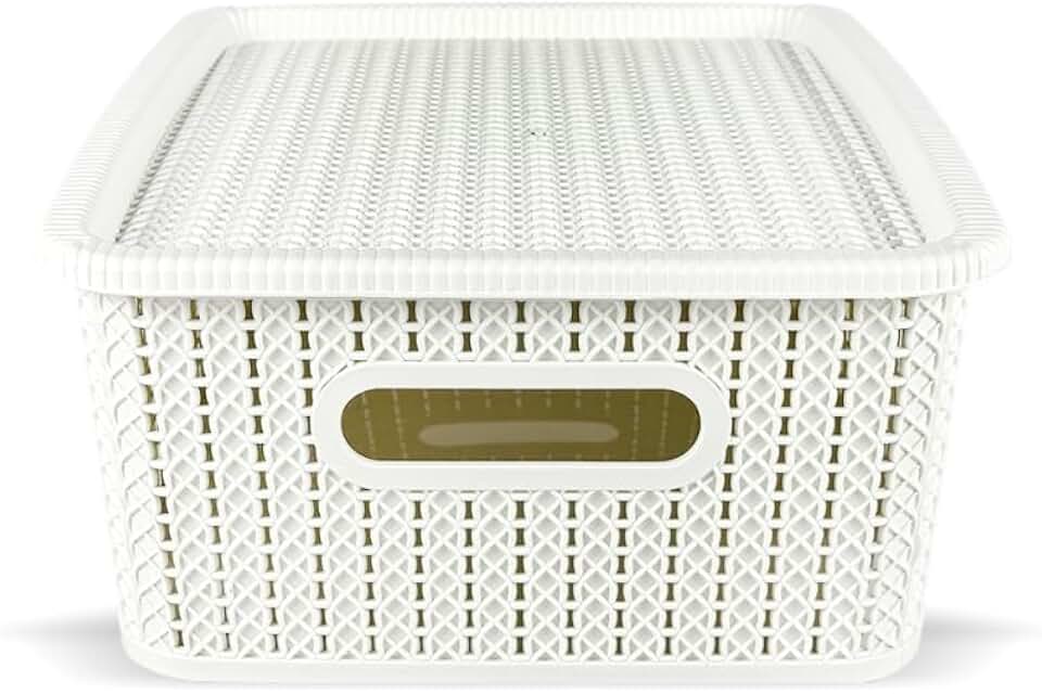 Six Rattan-Style Storage Baskets with Lids and Handles