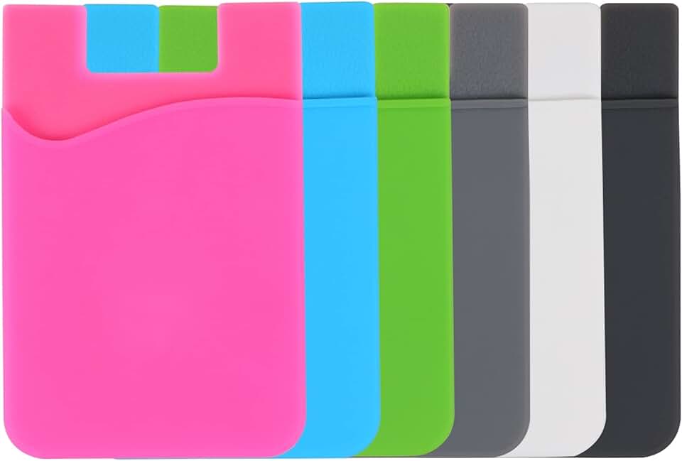 Six silicone phone card holder sleeves in assorted colors