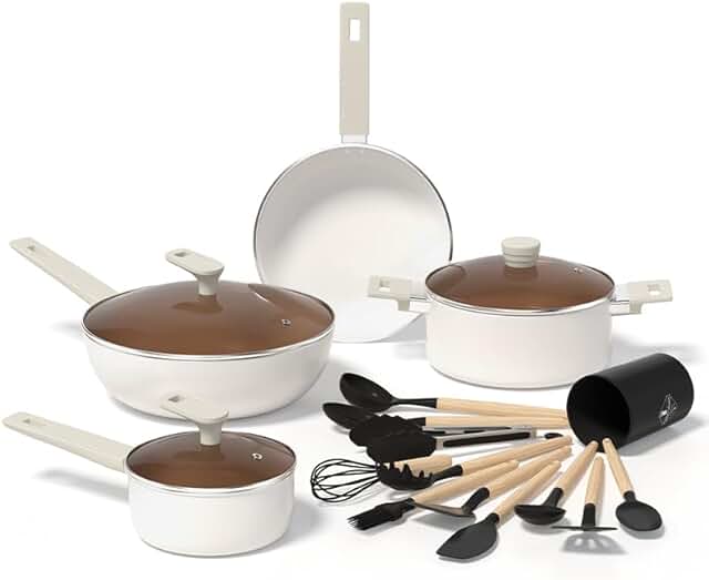 16-Piece Nonstick Ceramic Cookware Set with White Handles