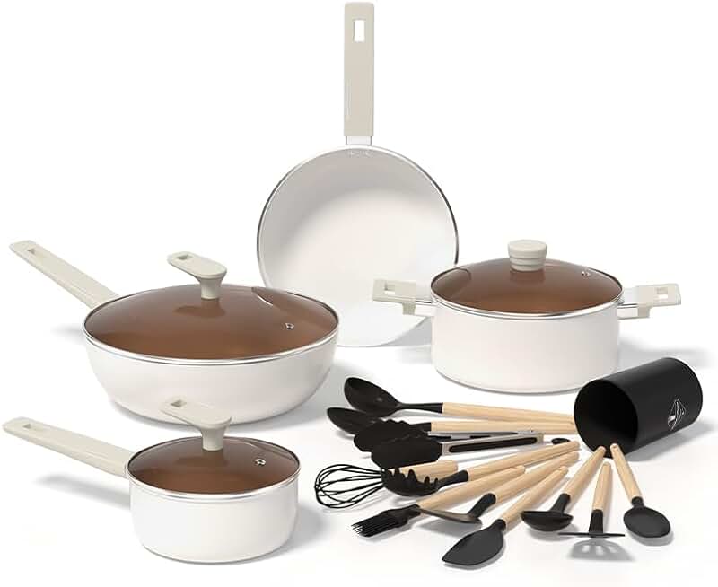 16-Piece Nonstick Ceramic Cookware Set with White Handles