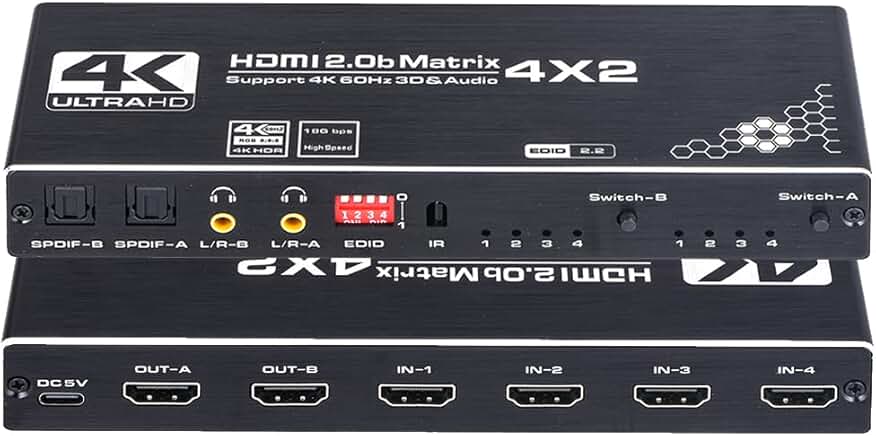 4K HDMI Matrix Switch 4x2 with Remote and HDR