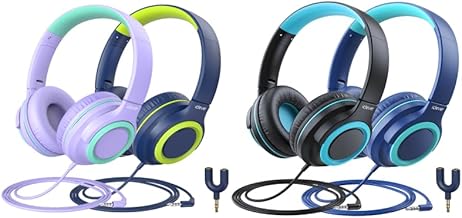 Kids headphones with splitter, tangle-free, foldable stereo