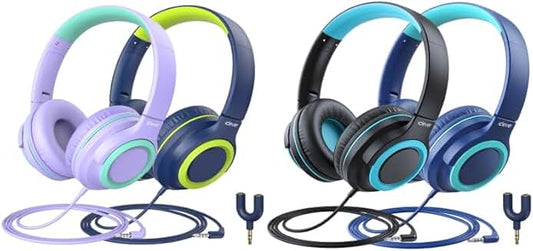 Kids headphones with splitter, tangle-free, foldable stereo