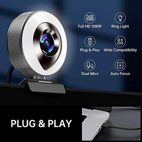 2021 FHD 1080P Webcam with Microphone and Dimable Ring Light, Plug and Play Web Camera,Privacy Protection Streaming Webcam for Video conferencing on PC Desktop,Zoom Skype YouTube Facebook