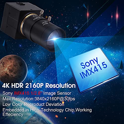 4K USB Camera,2160P Ultra HD 5-50mm Wide Screen Varifocal Lens with Sony IMX415 Sensor,USB2.0 Plug&Play for Live Streaming Webcam PC Cam (5-50mm Varifocal Lens)
